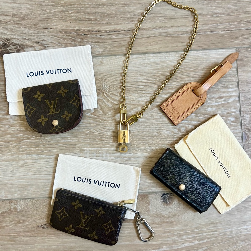 LOUIS VUITTON Monogram Bundle - coin, 2 key cles, bag tag, lock & key necklace